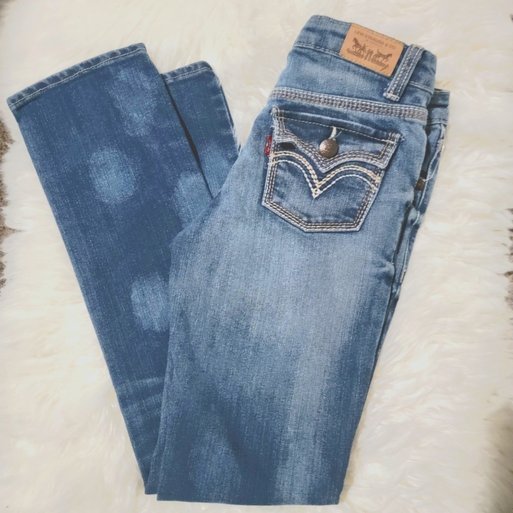 🔥 5/$25 Levis Girls Flap Pocket Skinny Blue Jeans Thick Stitch sz 10